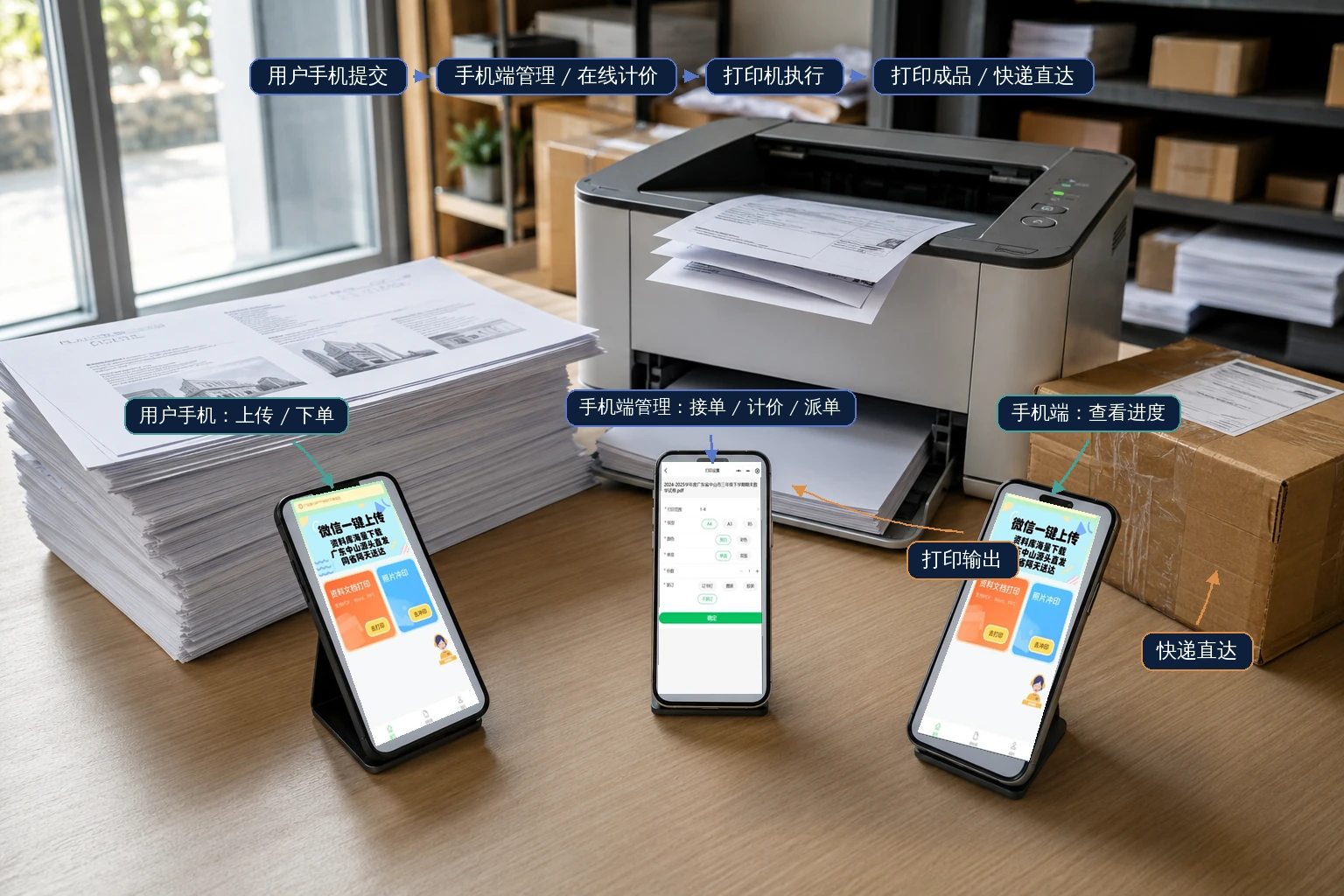 云打印系统纯手机端业务场景：用户手机提交、手机端管理与在线计价、打印机输出和快递包裹直达